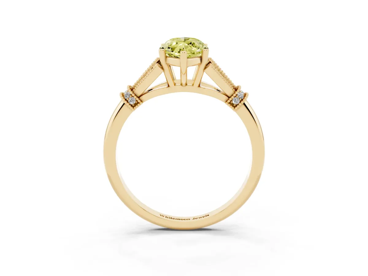 Fancy Yellow Marquise Cut Diamond Solitaire Ring with Floral Filigree and Pave Accents Yellow gold