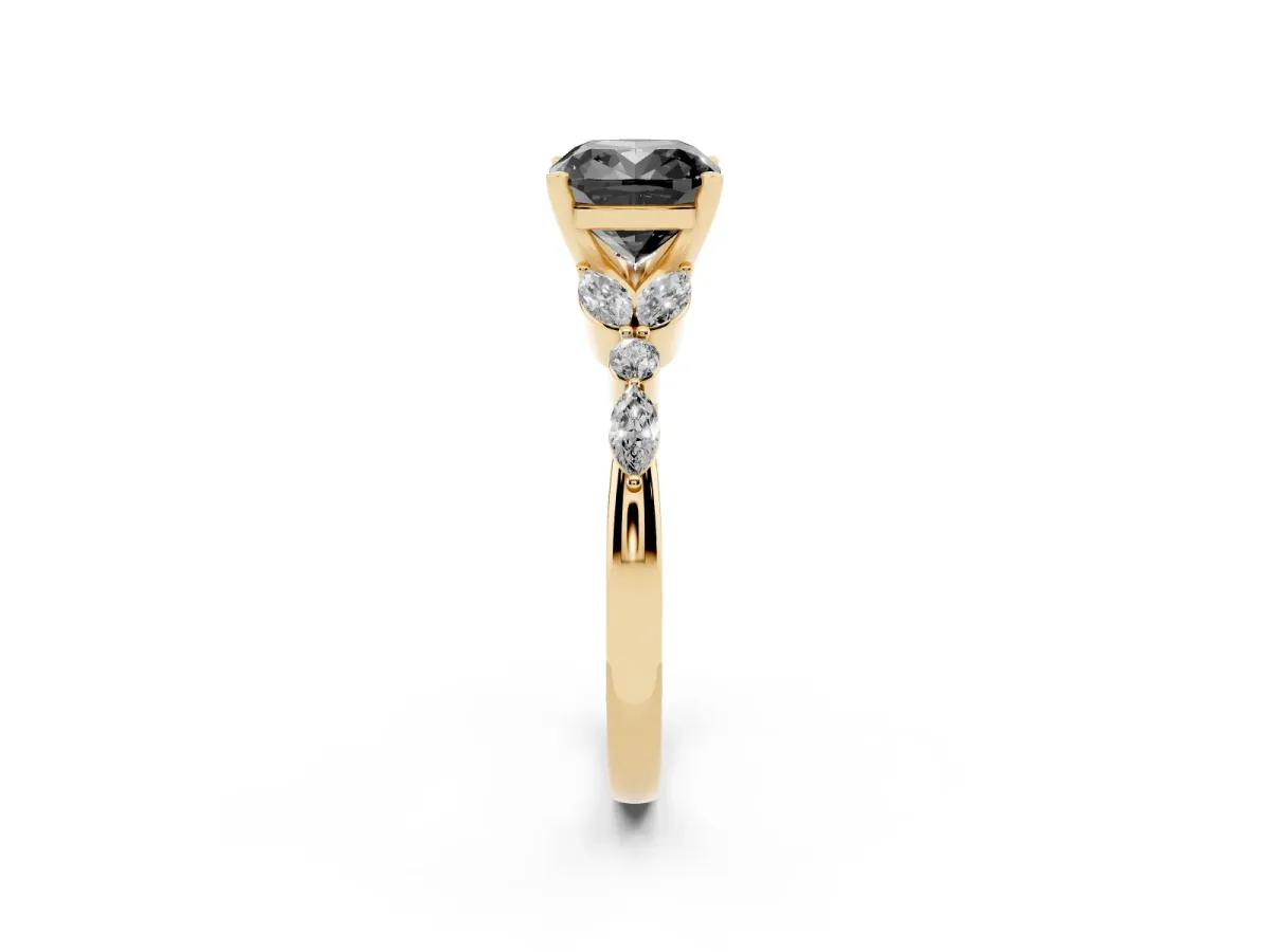 Fancy Black Cushion Cut Diamond Solitaire Ring with Side Stones and Four-Prong Setting Yellow gold