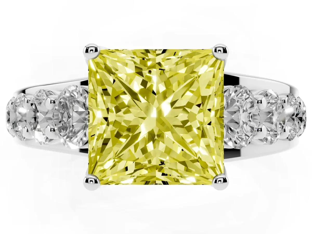 Fancy Yellow Princess Cut Diamond Engagement Ring with Pavé Band and Four-Prong Setting Silver