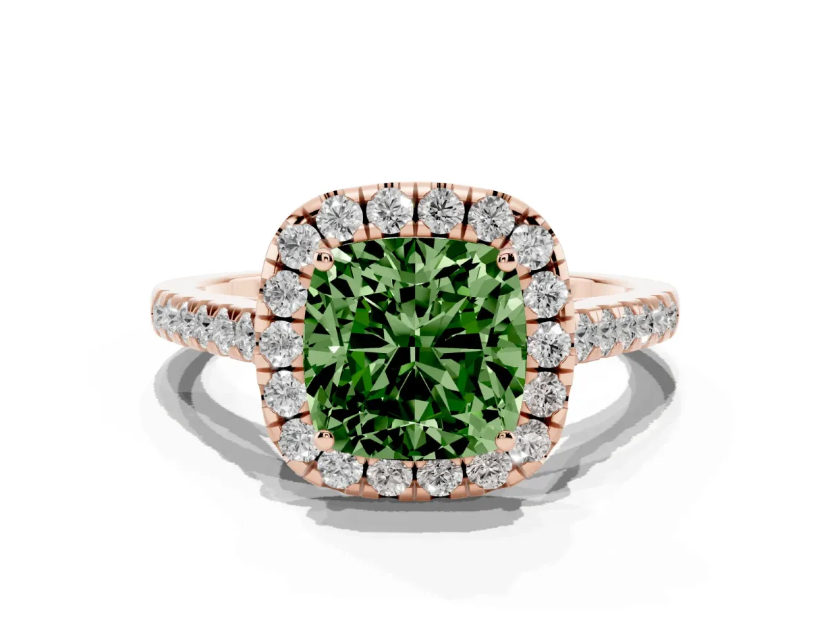 Fancy Green Cushion Cut Halo Pave Diamond Engagement Ring with Four-Prong Setting Rose gold