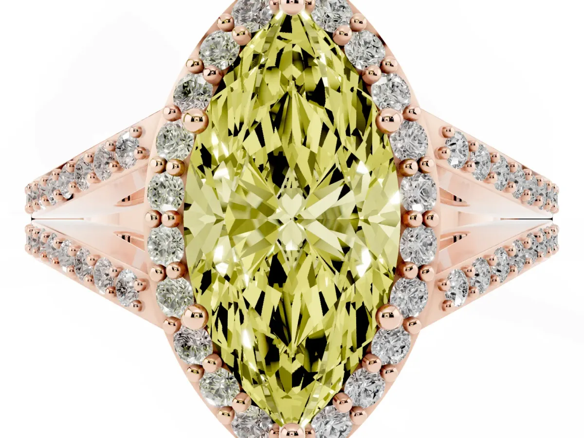 Fancy Yellow Marquise Cut Halo Split Shank Pave Diamond Ring with Four-Prong Setting Rose gold