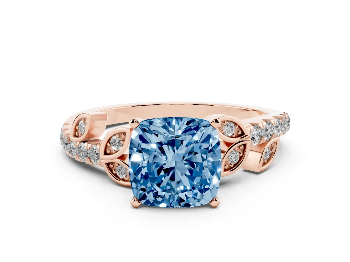 Fancy Blue Cushion Cut Solitaire Leaf-Inspired Diamond Ring with Pavé Band and Four-Prong Setting Rose gold