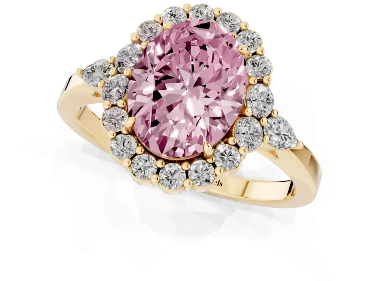 Fancy Pink Oval Cut Diamond Halo Ring with Pear Side Stones and Prong Setting Yellow gold
