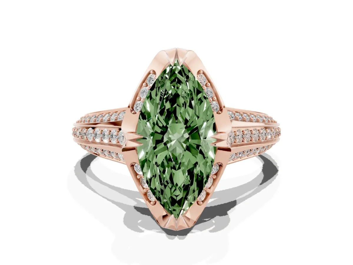 Fancy Green Marquise Cut Solitaire Pave Split Shank Ring with Four-Prong Setting Rose gold