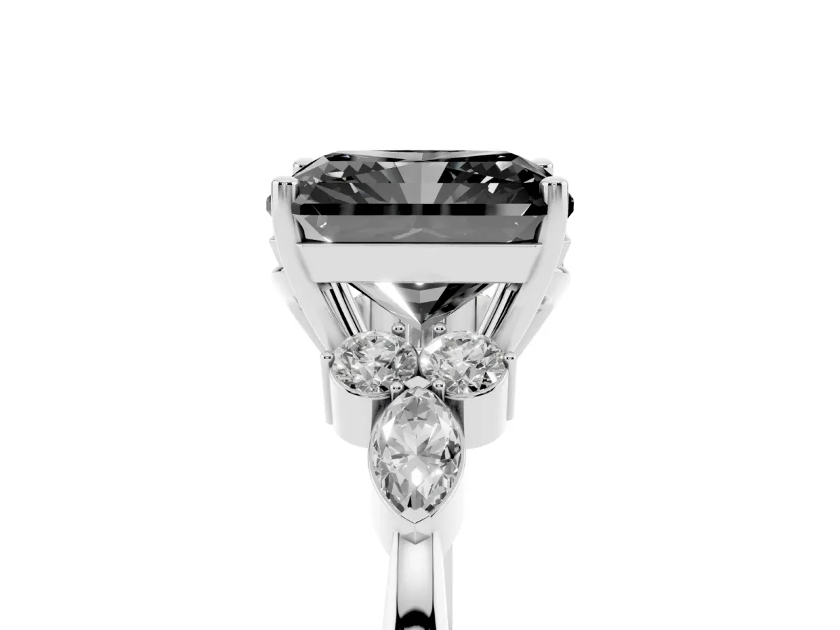 Fancy Black Radiant Cut Brilliant Diamond Solitaire Ring with Pear Side Stones and Four-Prong Setting Platinum