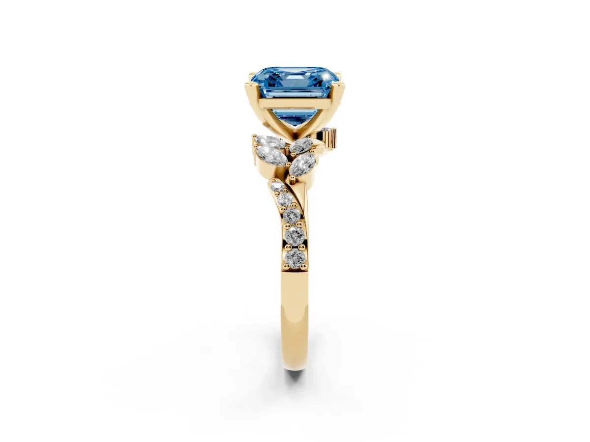 Fancy Blue Asscher Cut Solitaire Marquise Twist Band with Six-Prong Setting Yellow gold