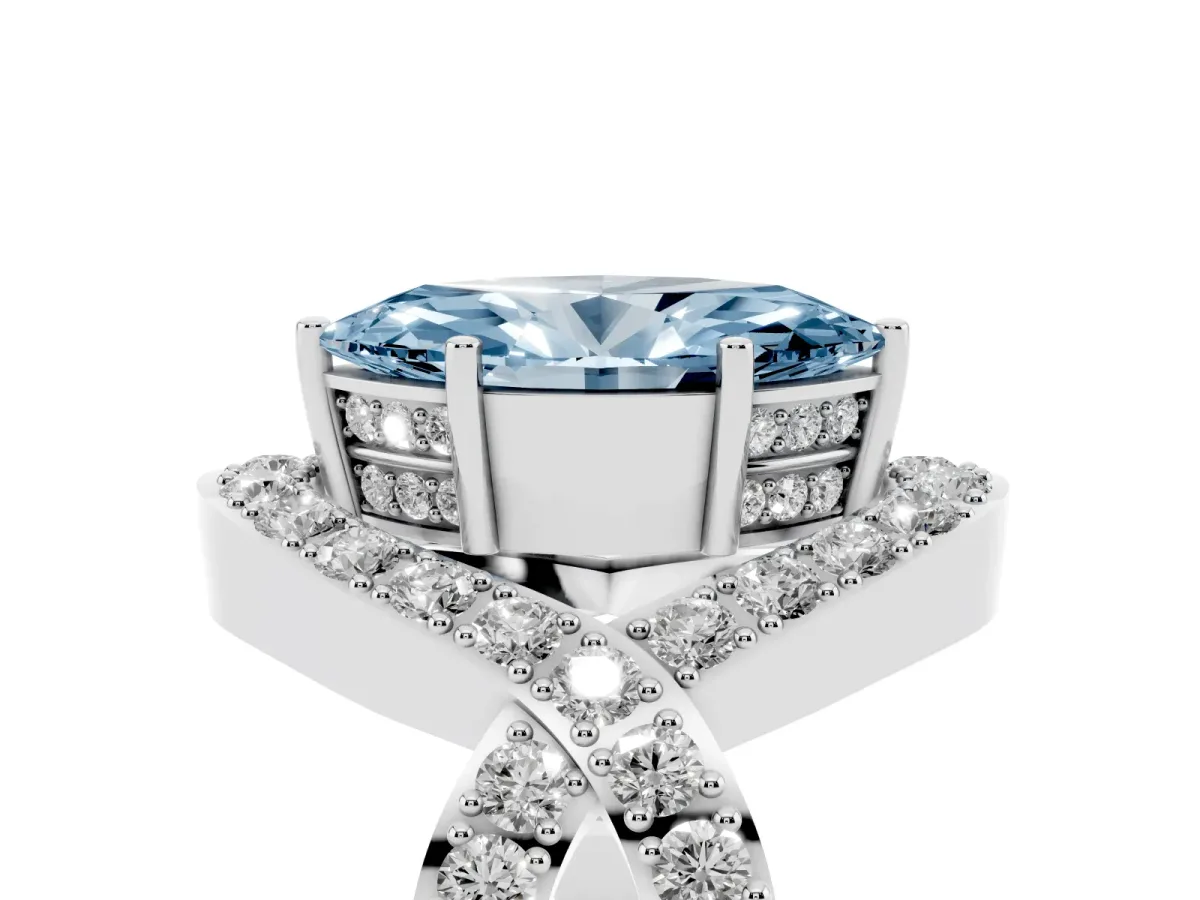 Fancy Blue Marquise Cut Solitaire Twist Band Pavé Diamond Engagement Ring White gold