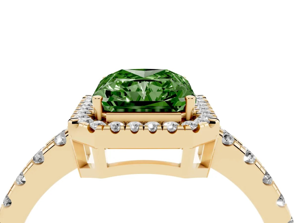 Fancy Green Radiant Cut Diamond Halo Ring with Pavé Band and Four-Prong Setting Yellow gold