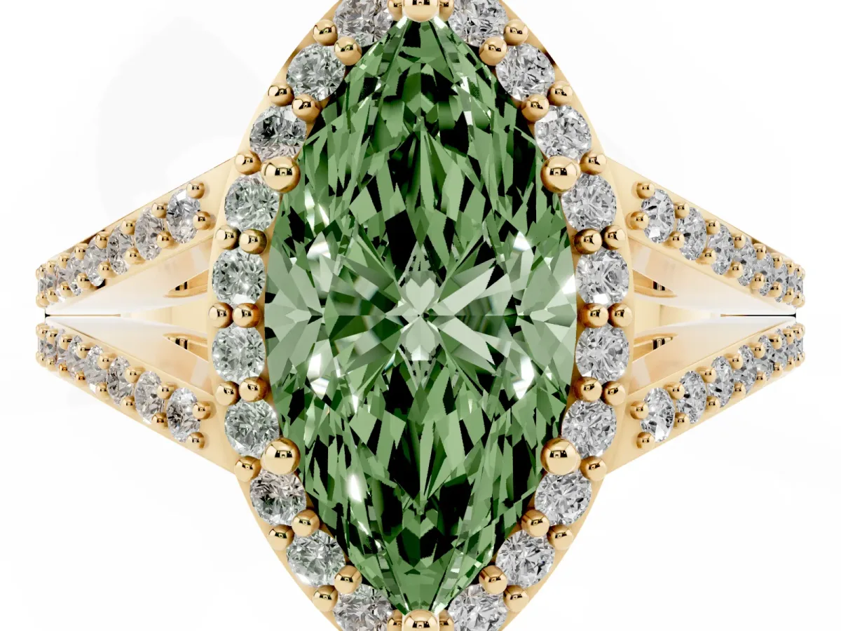 Fancy Green Marquise Cut Halo Split Shank Pave Diamond Ring with Four-Prong Setting Yellow gold