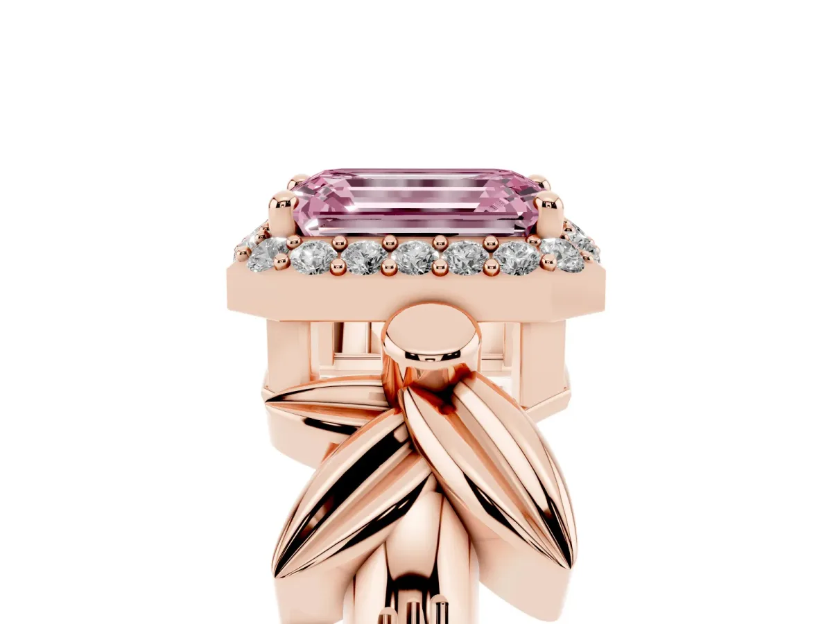 Fancy Pink Emerald Cut Halo Diamond Floral Band with Four-Prong Setting Rose gold