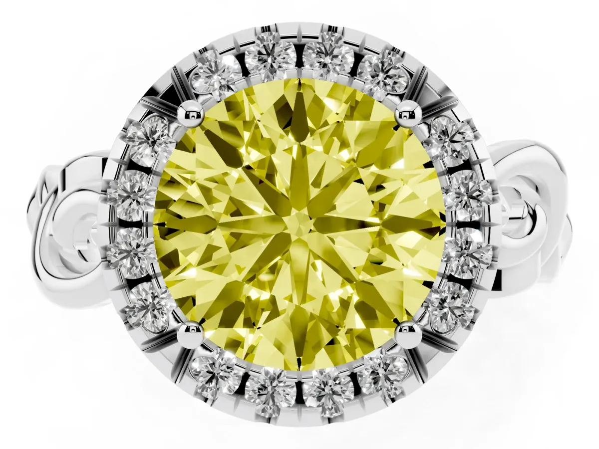 Fancy Yellow Round Cut Cut Halo Diamond Ring with Scrollwork Band and Four-Prong Setting Silver