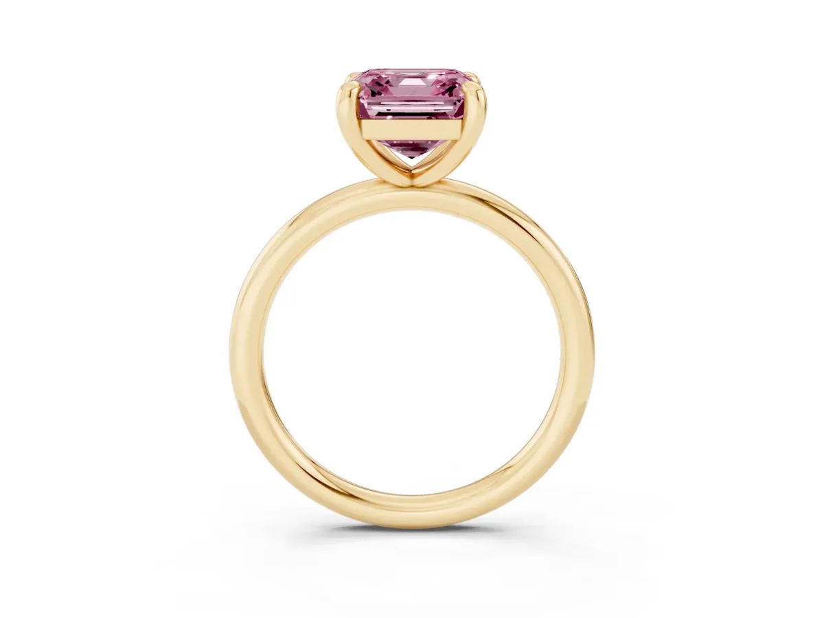 Fancy Pink Asscher Cut Solitaire Diamond Ring with Four-Prong Setting on a Plain Band Yellow gold