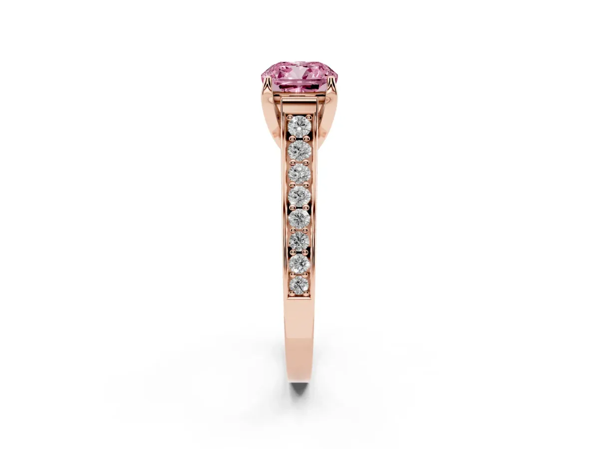 Fancy Pink Cushion Cut Brilliant Cut Diamond Engagement Ring with Pavé Band and Four-Prong Setting Rose gold