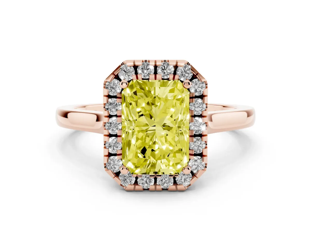 Fancy Yellow Radiant Cut Halo Round Diamond Solitaire Ring with Pavé Band and Four-Prong Setting Rose gold