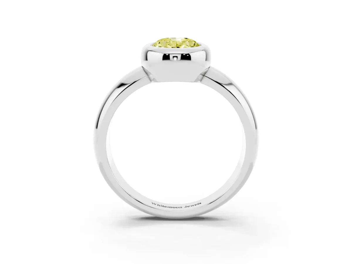 Fancy Yellow Bezel Set Oval Cut Solitaire Ring with Wide Band Platinum