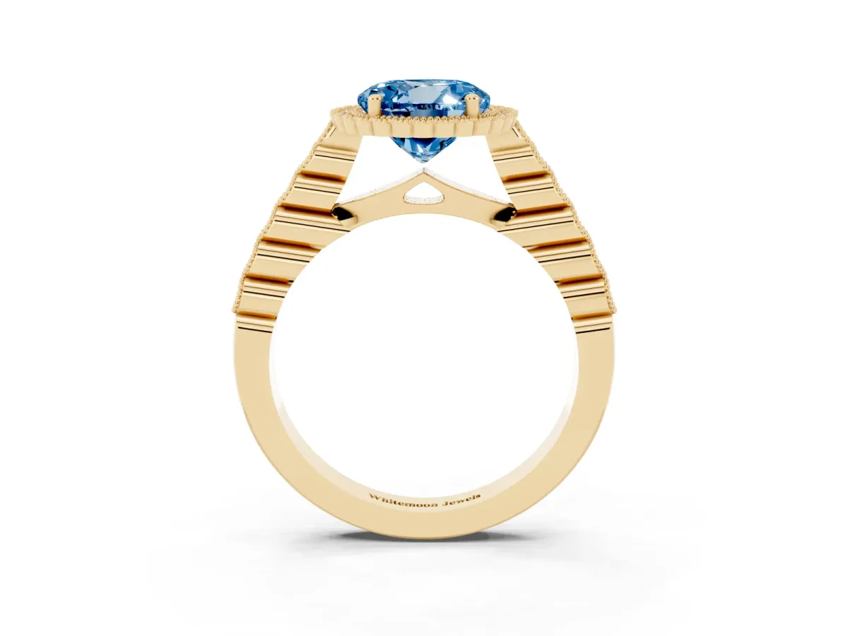 Fancy Blue Round Cut Cut Halo Pavé Solitaire Ring with Milgrain Band Yellow gold