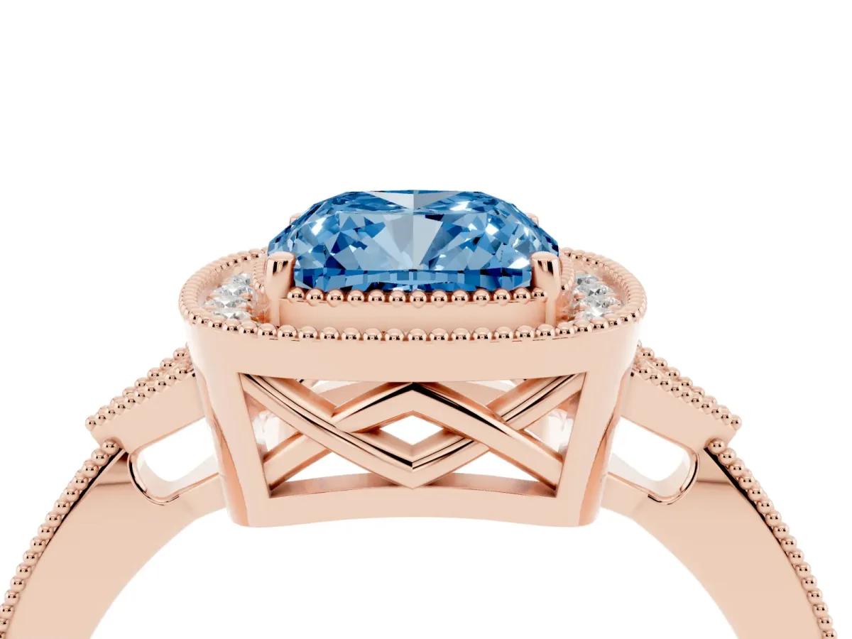 Fancy Blue Cushion Cut Halo Round Diamond Milgrain Pave Engagement Ring Rose gold