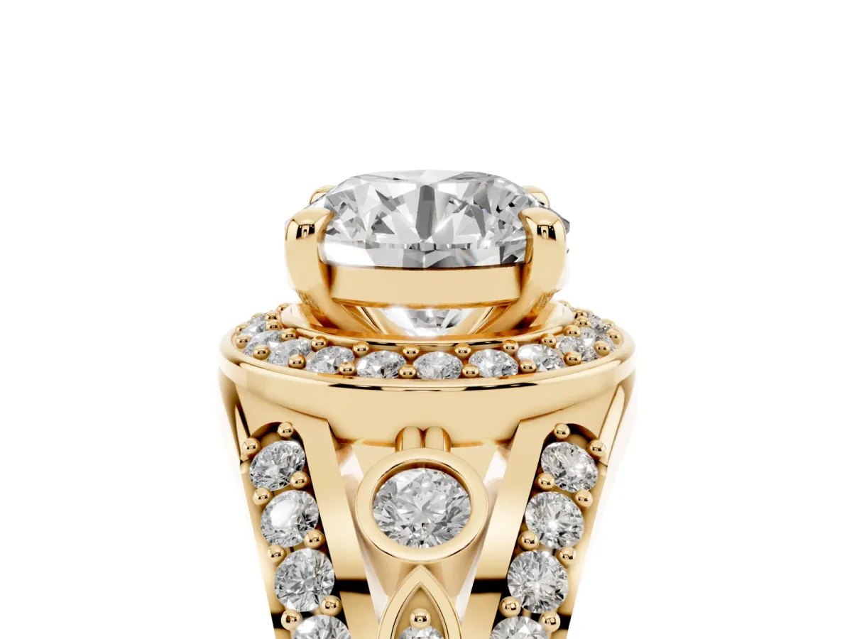 Round Cut Diamond Halo Ring with Split Shank and Bezel Accents and Four-Prong Setting Yellow gold