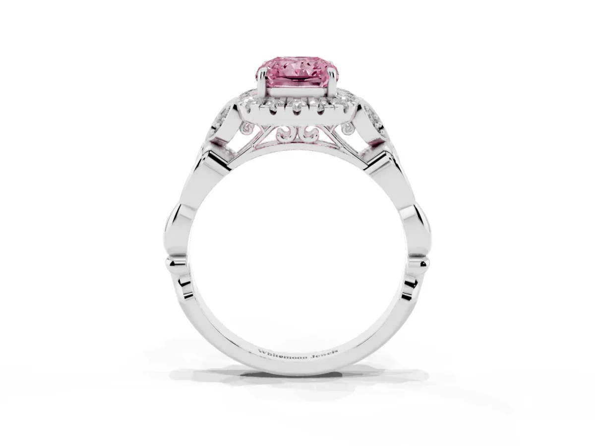 Fancy Pink Radiant Cut Halo Diamond Engagement Ring with Vintage-Inspired Band and Four-Prong Setting Platinum
