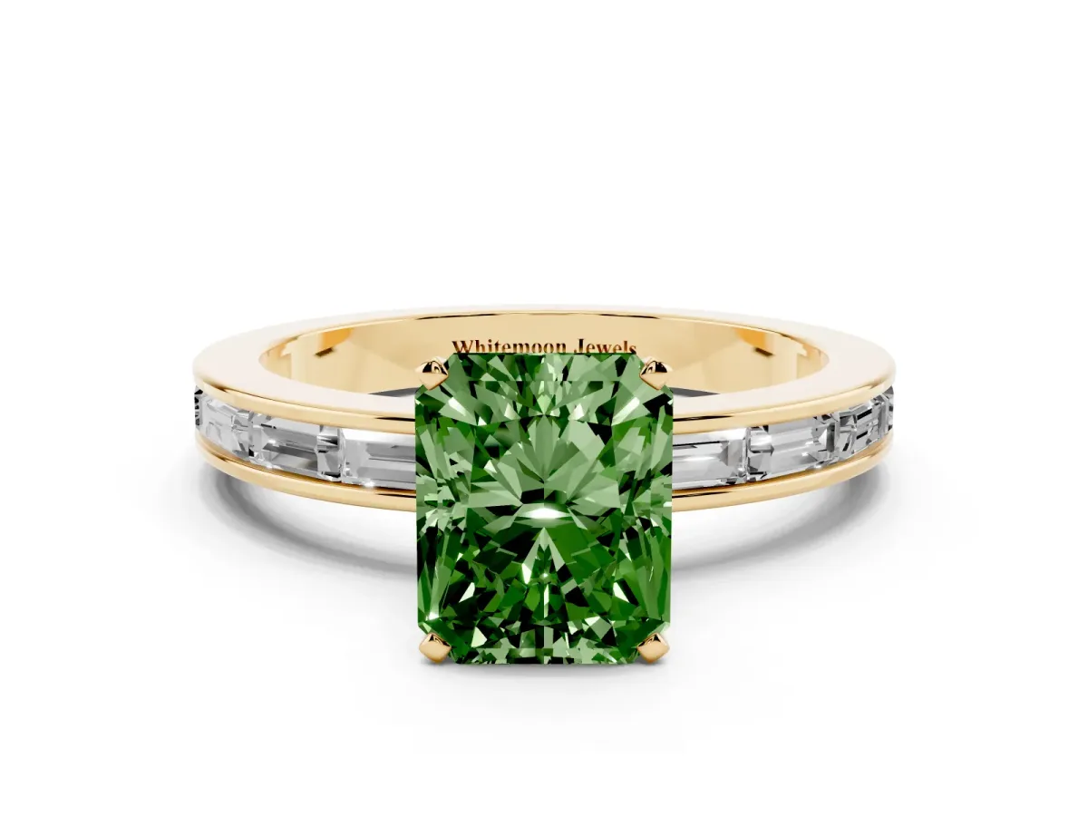 Fancy Green Radiant Cut Solitaire Diamond Ring with Channel-Set Baguette Band and Four-Prong Setting Yellow gold
