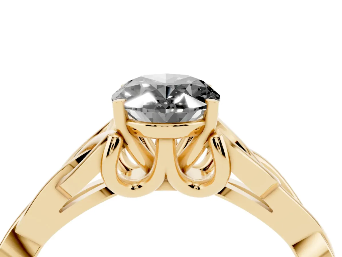 Fancy Black Oval Cut Diamond Solitaire Engagement Ring with Celtic Knot Band and Four-Prong Setting Yellow gold