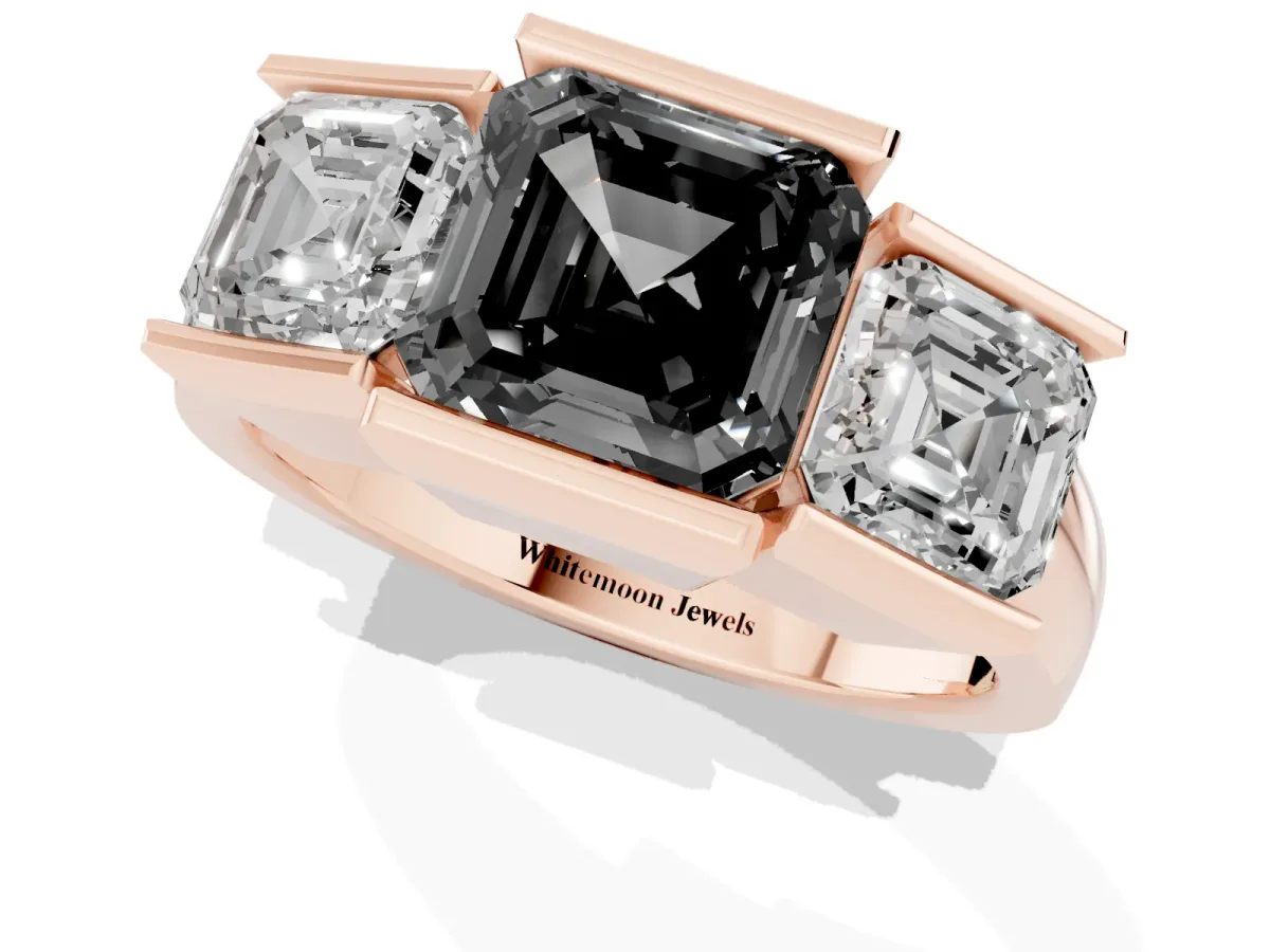 Fancy Black Three Stone Asscher Cut Cut Channel Set Diamond Ring Rose gold