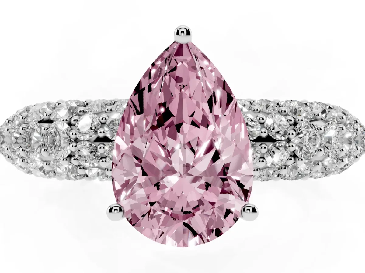 Fancy Pink Pear Cut Diamond Pavé Band Solitaire Ring with Four-Prong Setting Silver