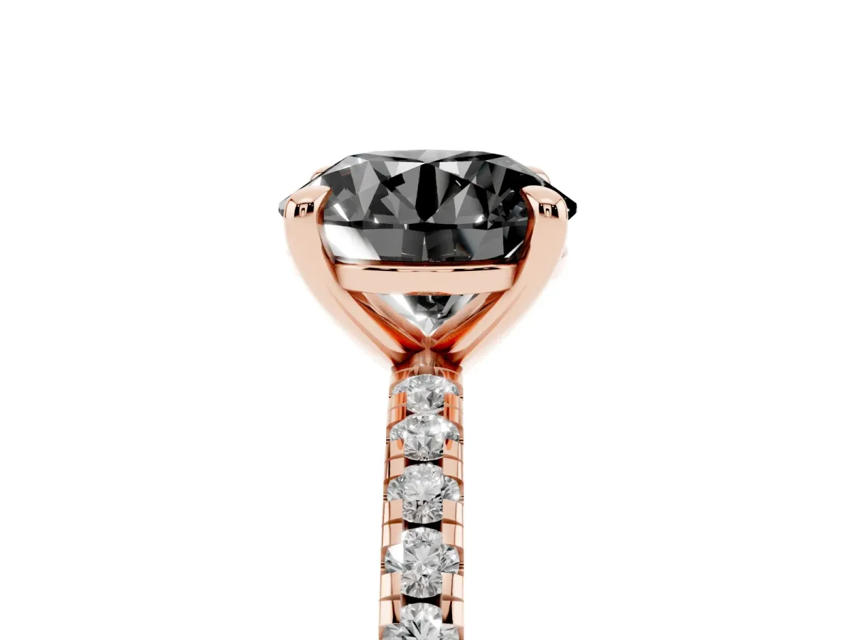 Fancy Black Round Cut Diamond Brilliant Solitaire Ring with Pavé Band and Four-Prong Setting Rose gold