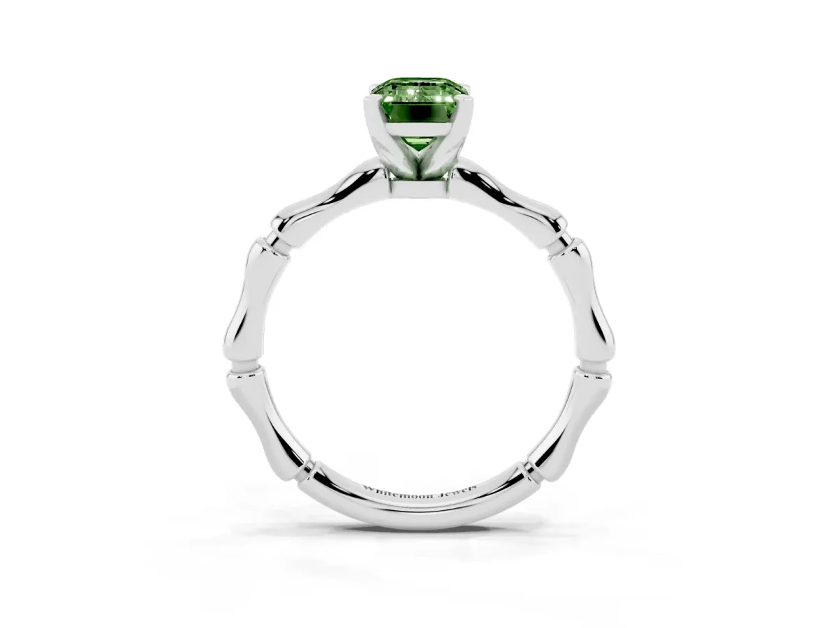 Fancy Green Emerald Cut Solitaire Diamond Ring with Bamboo Band and Four-Prong Setting Silver
