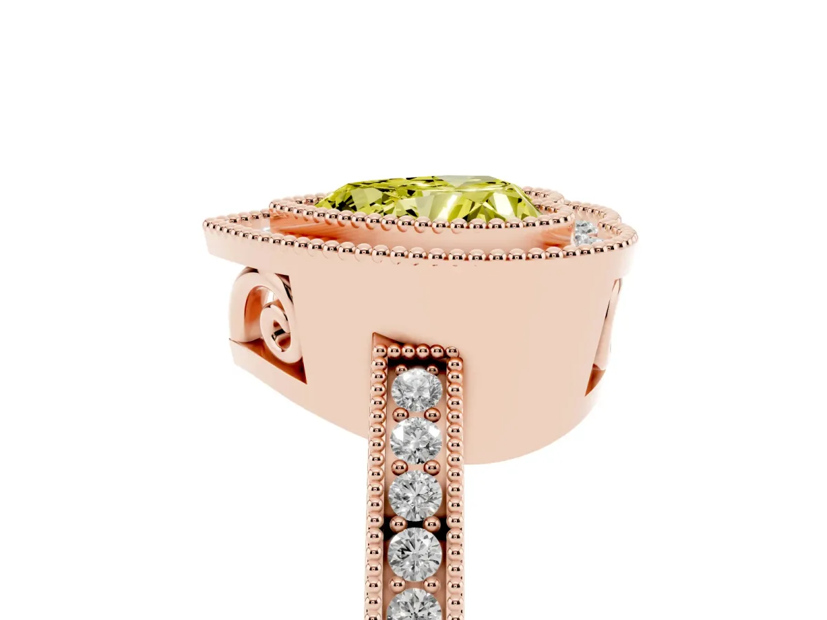 Fancy Yellow Heart Cut Cut Halo Diamond Ring with Pavé Band and Milgrain Prong Setting Rose gold