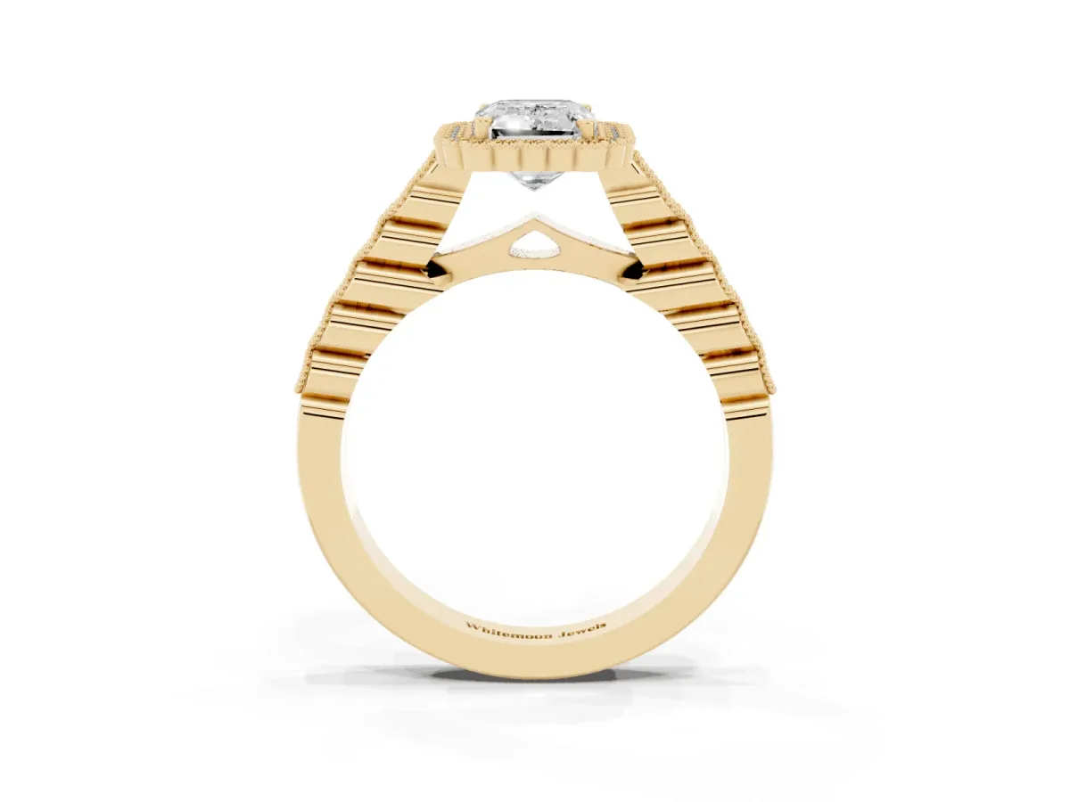 Emerald Cut Cut Halo Pavé Solitaire Ring with Milgrain Band Yellow gold