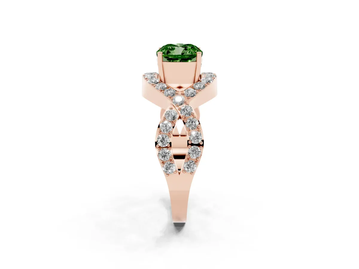 Fancy Green Cushion Cut Solitaire Twist Band Pavé Diamond Engagement Ring Rose gold