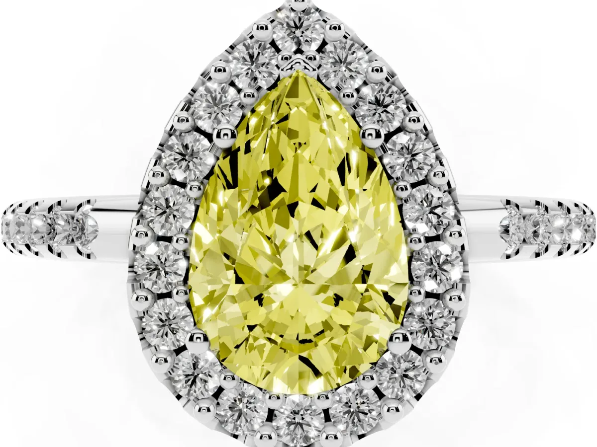 Fancy Yellow Pear Cut Diamond Pavé Halo Ring with Four-Prong Setting Silver