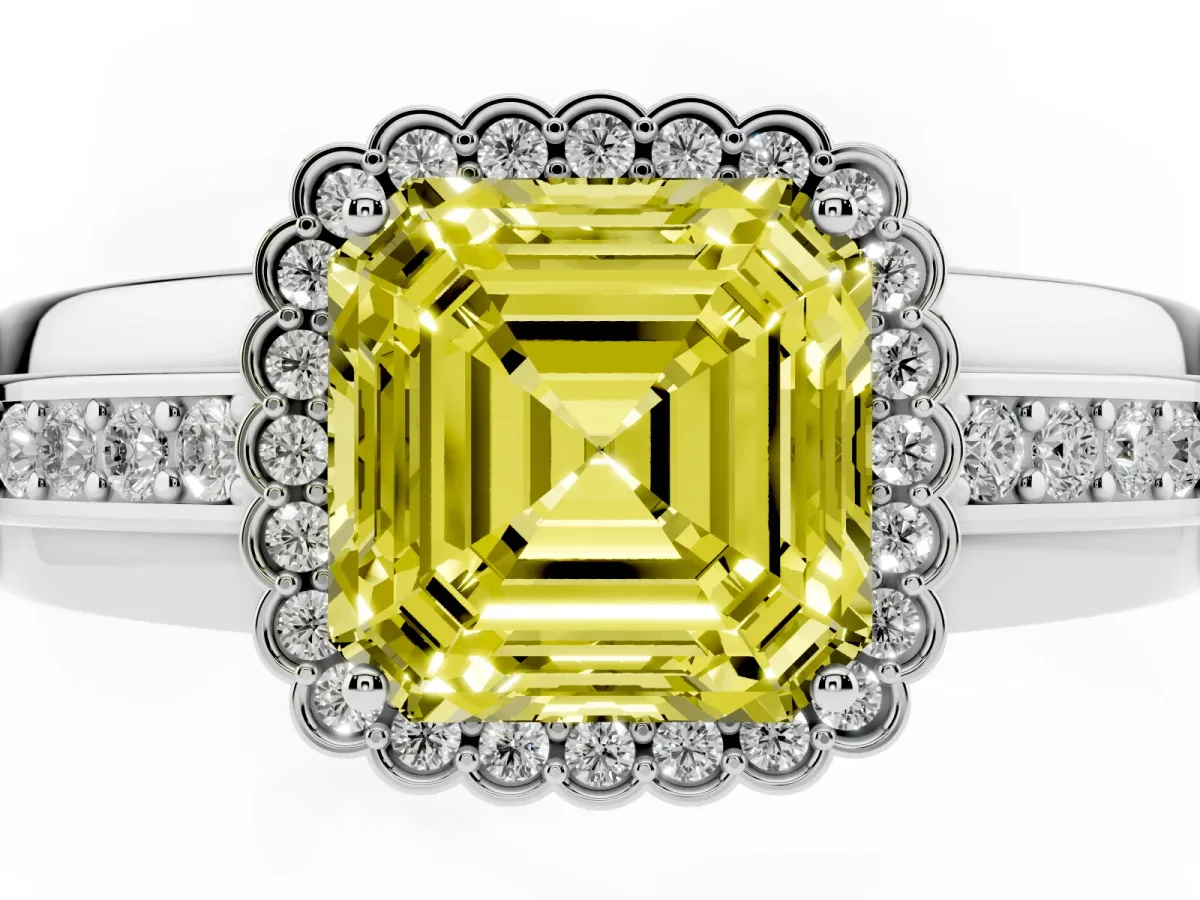 Fancy Yellow Asscher Cut Cut Halo Pave Band Four-Prong Ring Platinum