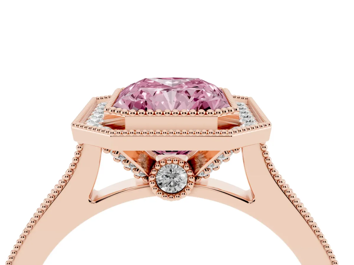 Fancy Pink Halo Radiant Cut-Cut Diamond Pave Band Milgrain Prong Setting Ring Rose gold
