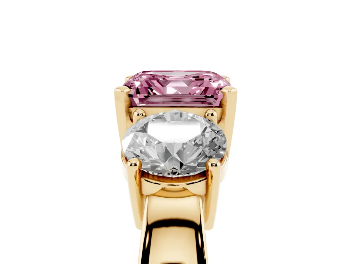 Fancy Pink Three-Stone Asscher Cut Diamond Ring with Round Side Stones, Classic Band, and Four-Prong Setting Yellow gold
