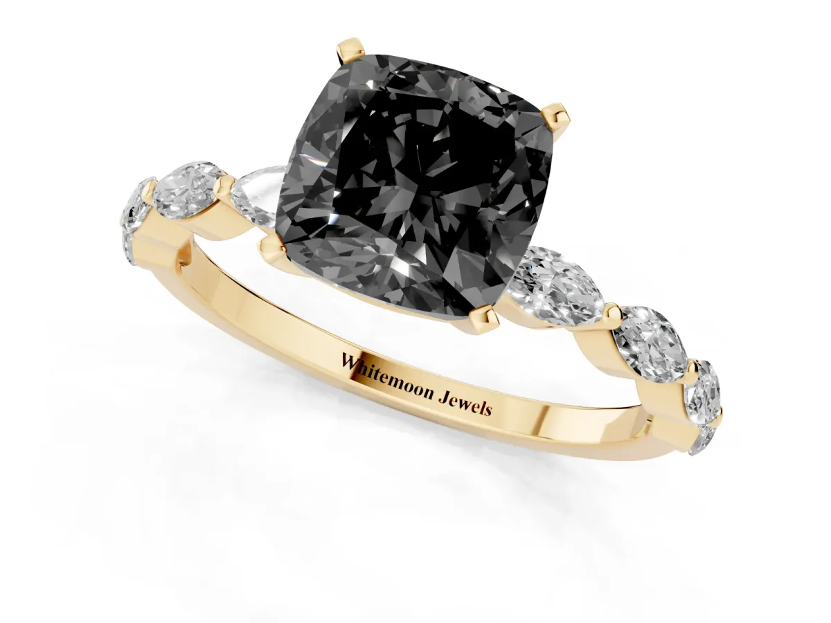 Fancy Black Cushion Cut Diamond Ring with Marquise Side Stones and Prong Setting Yellow gold