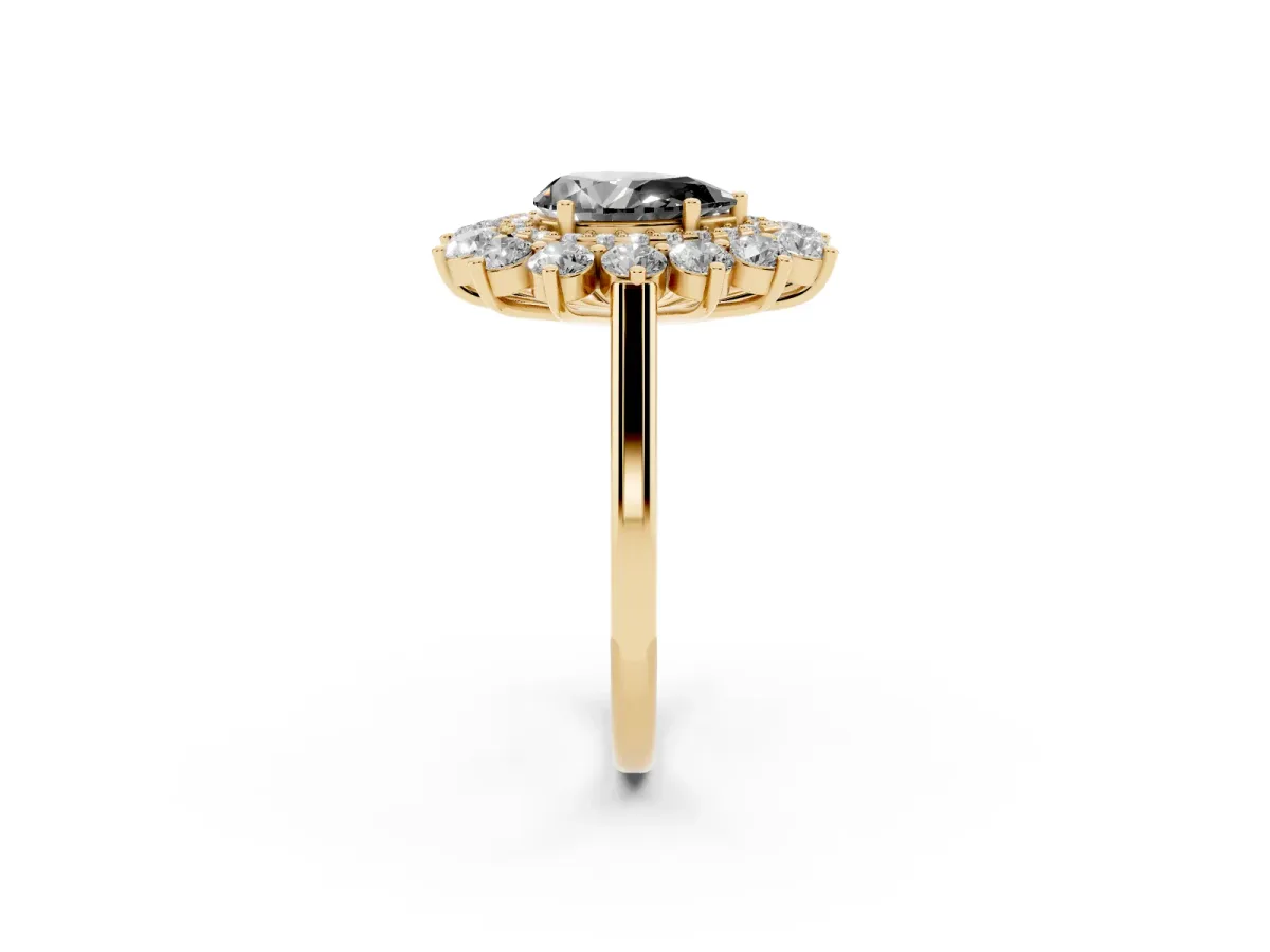 Fancy Black Pear Cut Diamond Floral Double Halo Engagement Ring with Prong Setting Yellow gold