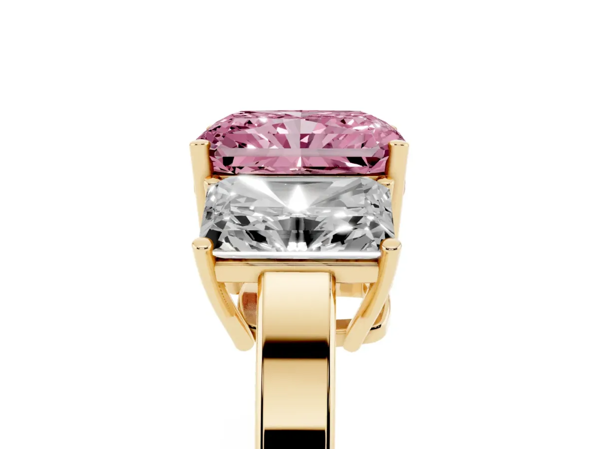 Fancy Pink Three-Stone Radiant Cut Cut Diamond Engagement Ring with Flat Band and Four-Prong Setting Yellow gold