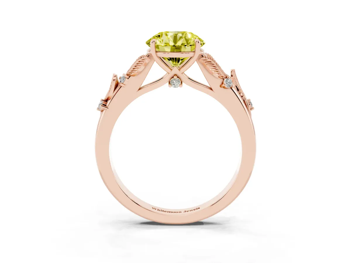 Fancy Yellow Round Cut Diamond Solitaire Ring with Leaf Motif Band and Four-Prong Setting Rose gold