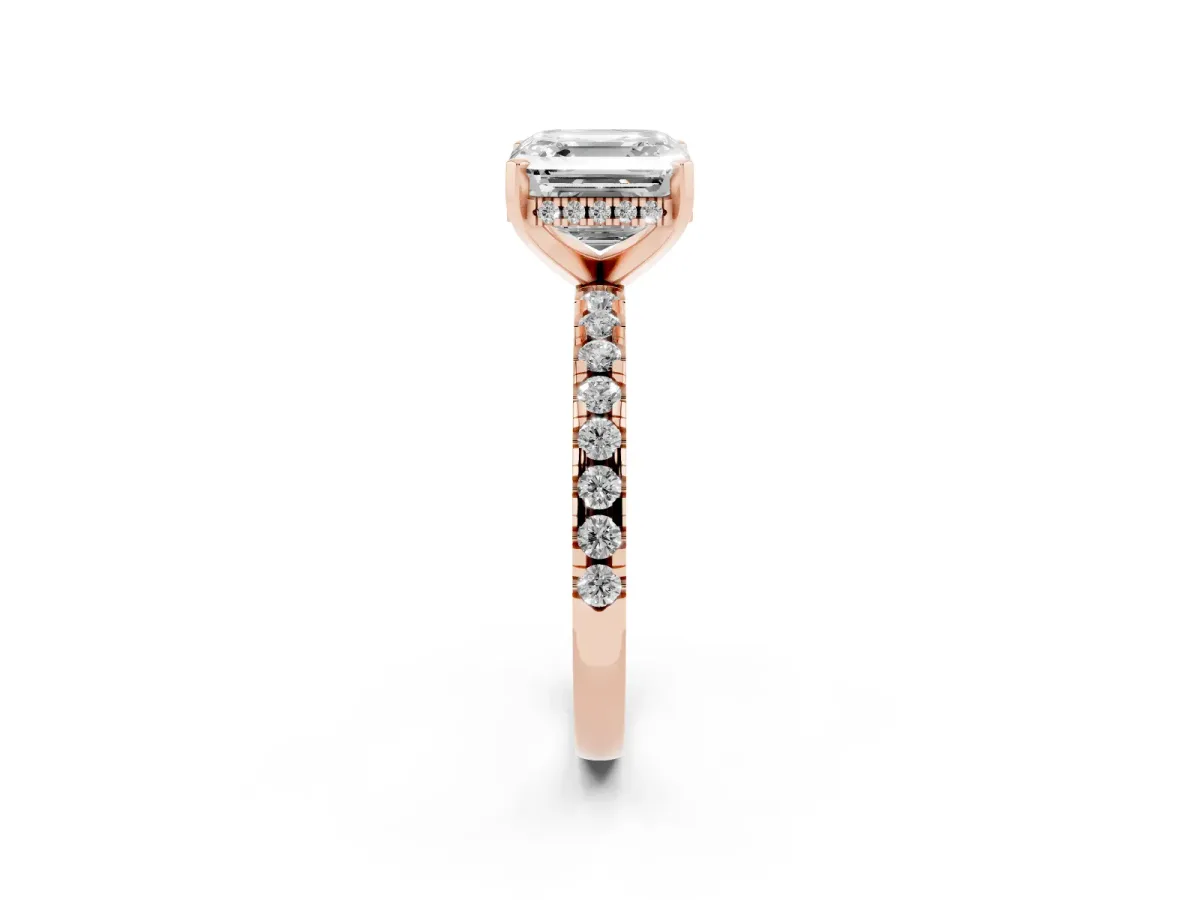 Asscher Cut Diamond Solitaire Ring with Round Pavé Band and Four-Prong Setting Rose gold