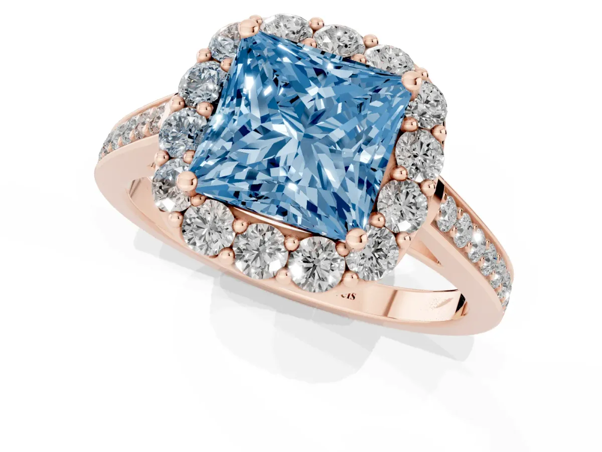 Fancy Blue Princess Cut Diamond Floral Halo Ring with Pavé Band and Prong Setting Rose gold