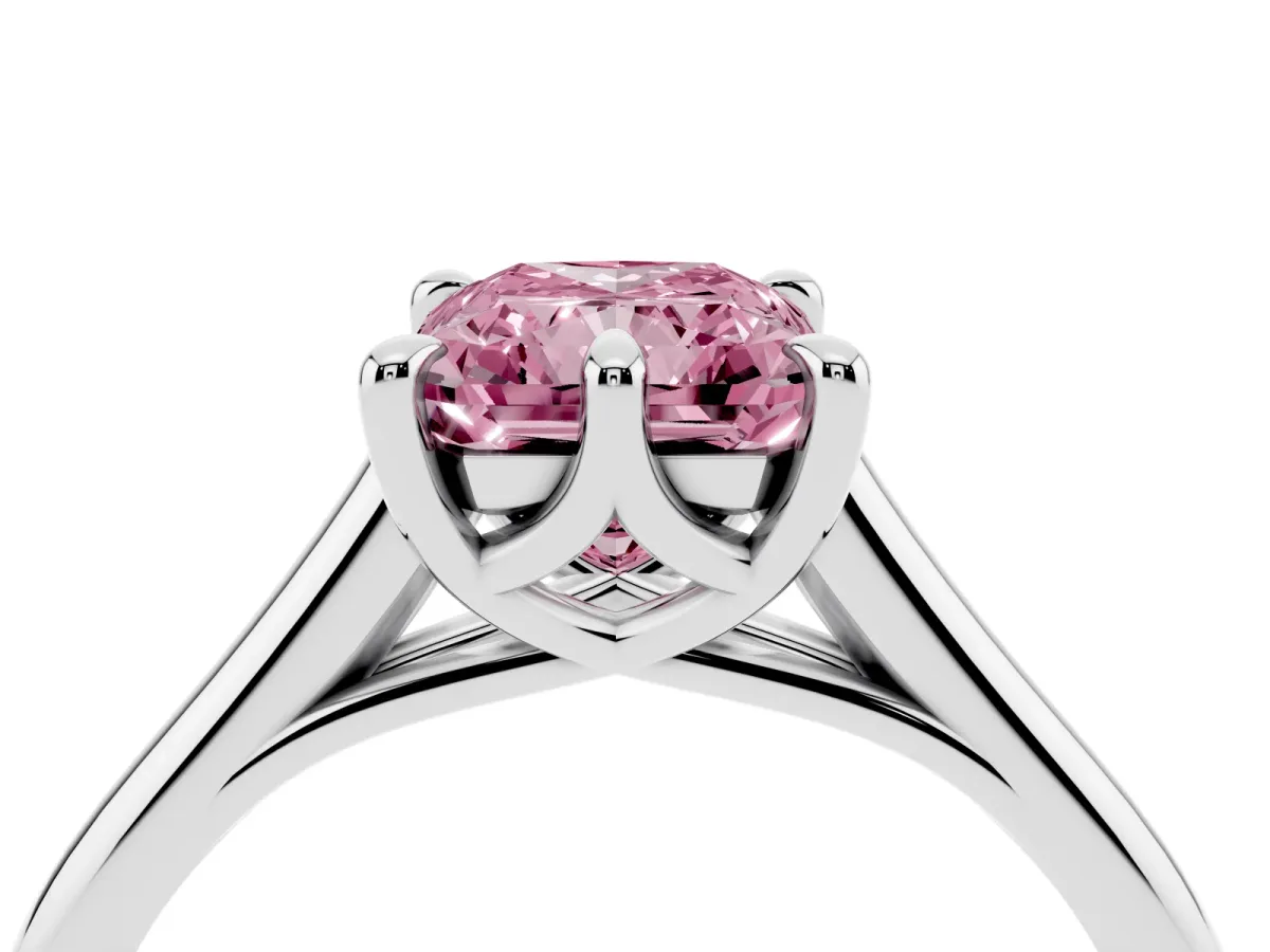 Fancy Pink Radiant Cut Solitaire Engagement Ring with Six-Prong Setting and Classic Band Platinum