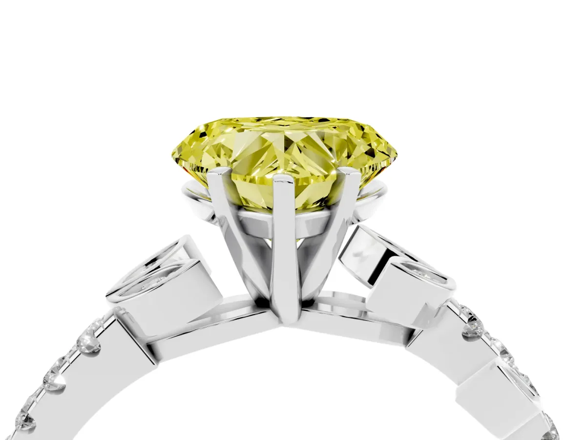 Fancy Yellow Heart Cut Solitaire Leaf-Inspired Diamond Ring with Pavé Band and Four-Prong Setting Platinum