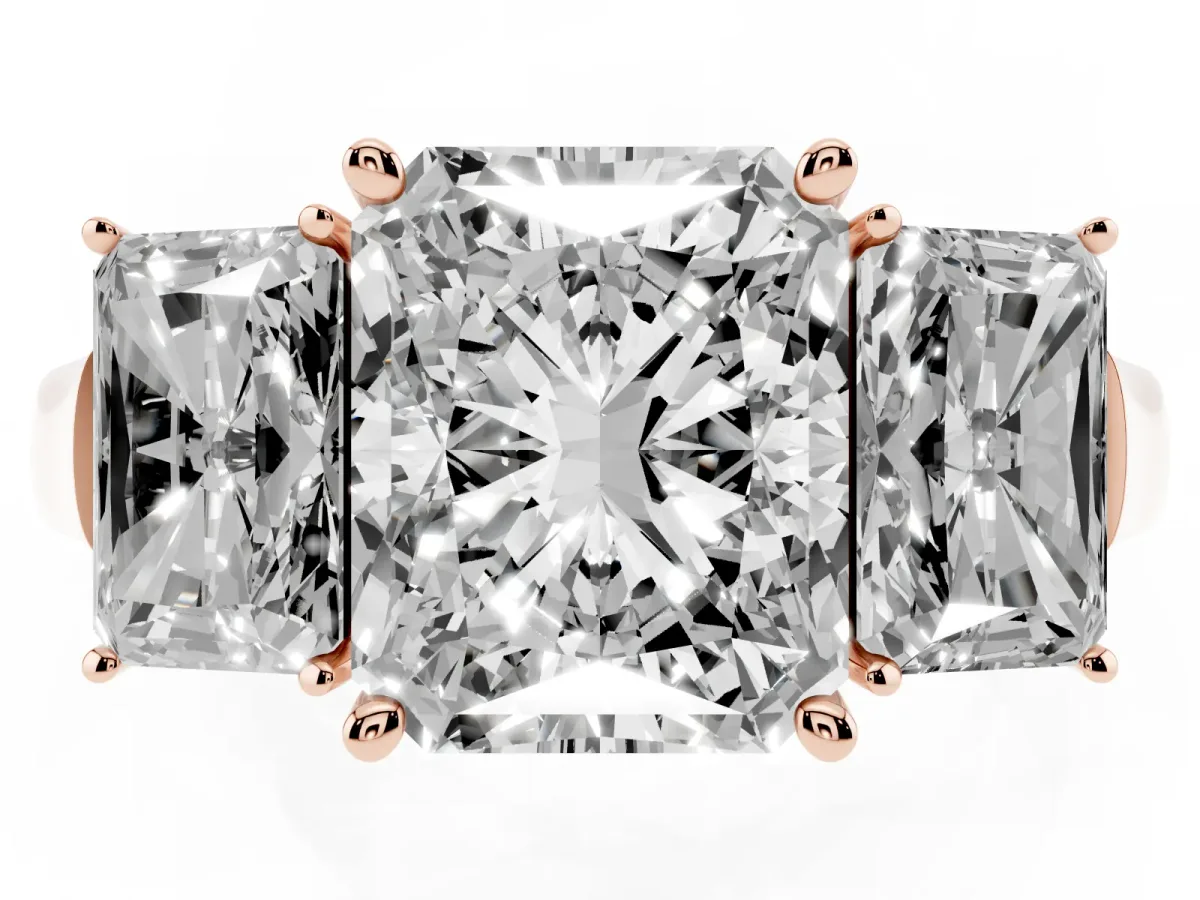 Three-Stone Radiant Cut Brilliant Diamond Trellis Ring with Comfort Fit Band Rose gold