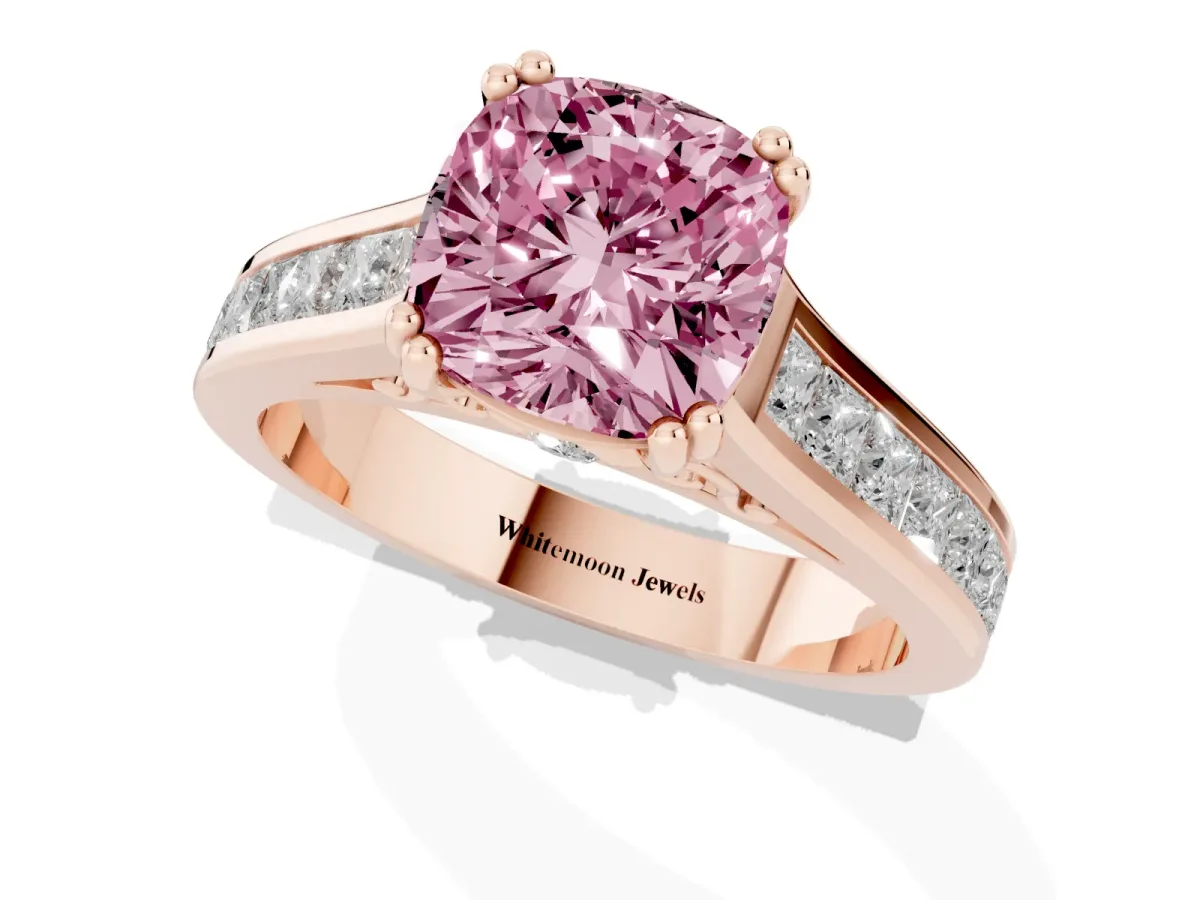 Fancy Pink Cushion Cut Cut Channel Set Solitaire Engagement Ring with Prong Setting Rose gold