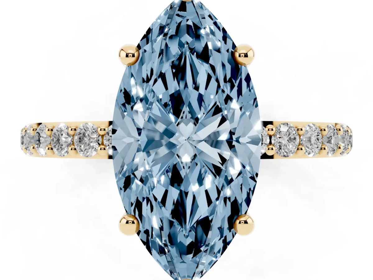 Fancy Blue Marquise Cut Diamond Solitaire Ring with Round Pavé Band and Prong Setting Yellow gold