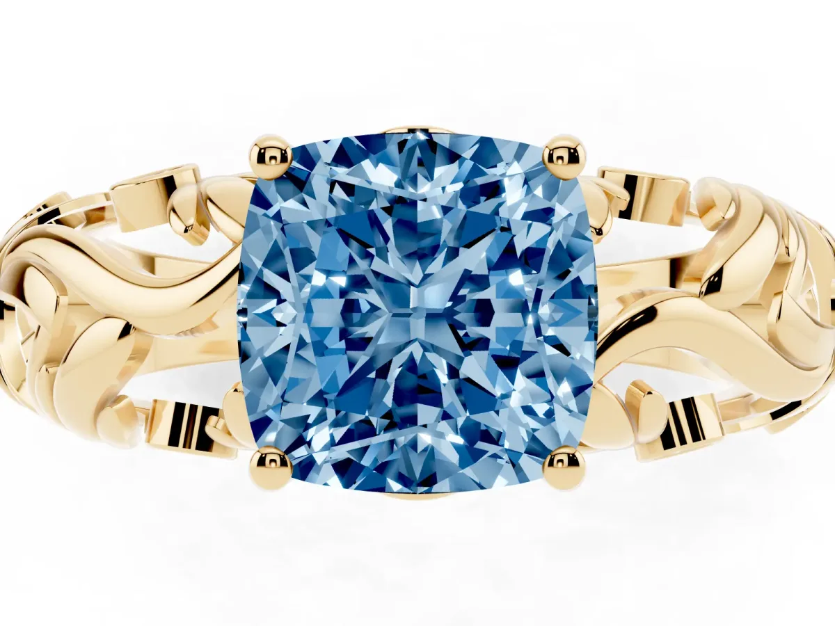 Fancy Blue Cushion Cut Solitaire Diamond Leaf-Inspired Vine Band Ring with Prong Setting Yellow gold