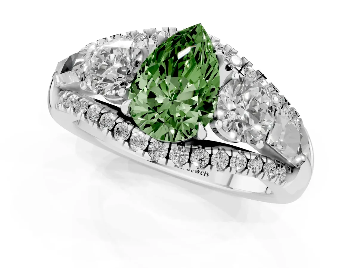 Fancy Green Three-Stone Pear Cut Diamond Engagement Ring with Pave Band and Prong Setting Platinum