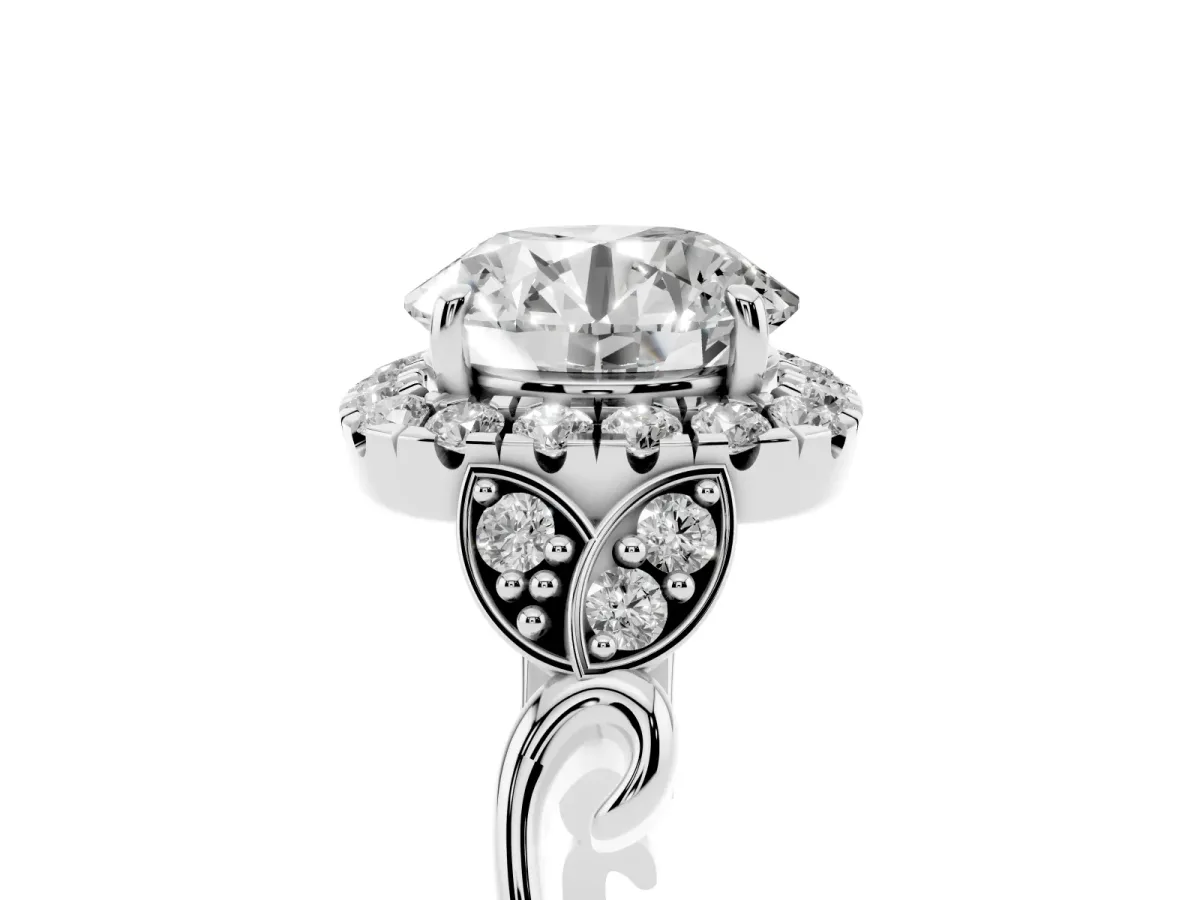 Round Cut Halo Diamond Engagement Ring with Vintage-Inspired Band and Four-Prong Setting Silver